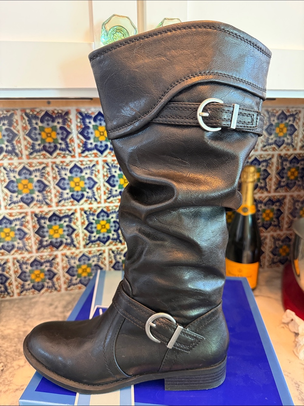 White Mountain Black Slouchy Mid-Calf Boots with Buckle Accents